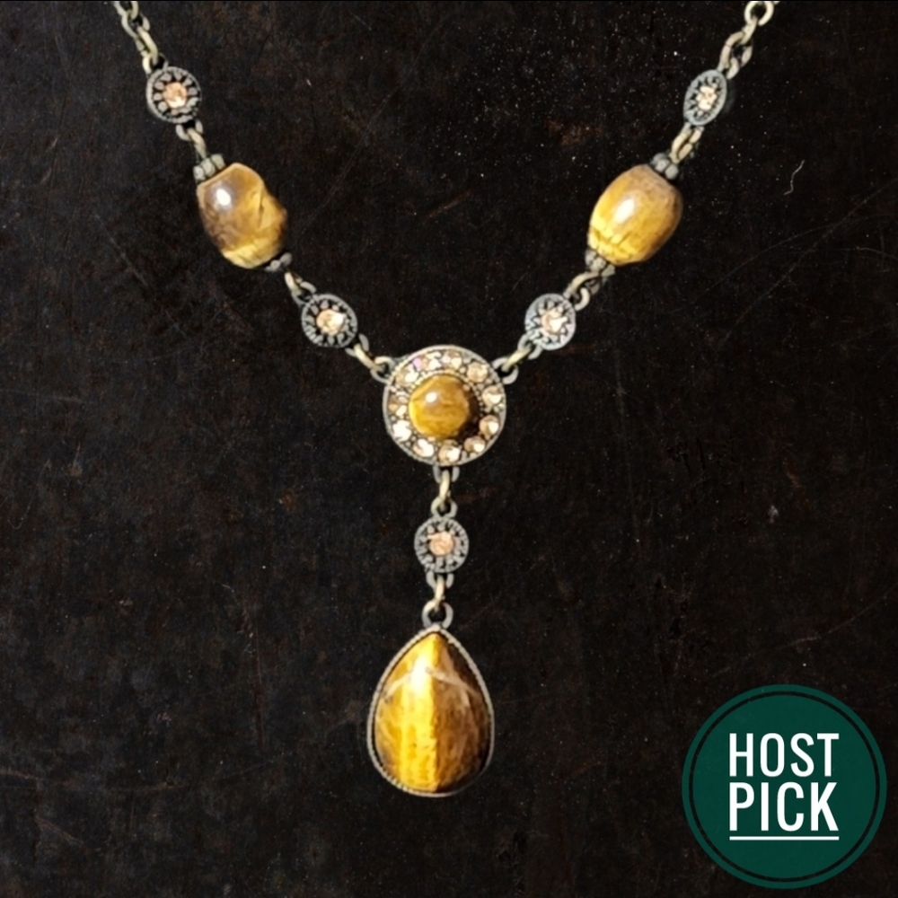 🎉HP🎉 Vintage Nina Ricci Avon Brass Tone, Tiger Eye and Rhinestones Y Necklace